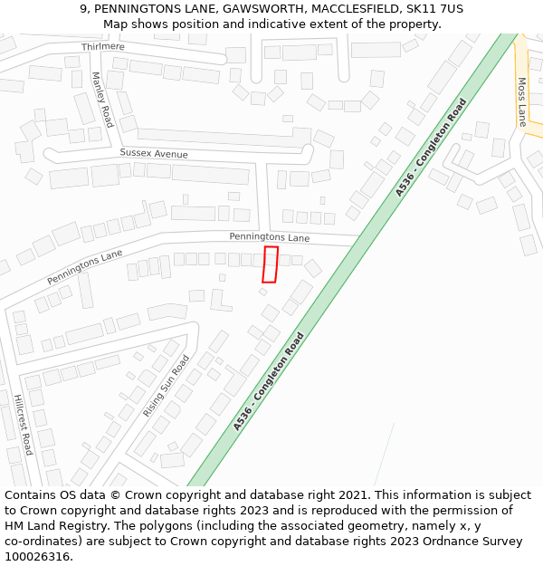 9, PENNINGTONS LANE, GAWSWORTH, MACCLESFIELD, SK11 7US: Location map and indicative extent of plot