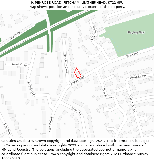 9, PENROSE ROAD, FETCHAM, LEATHERHEAD, KT22 9PU: Location map and indicative extent of plot