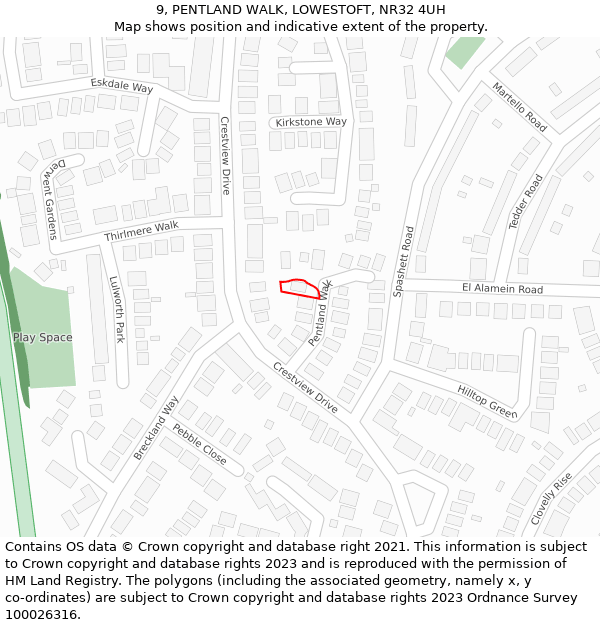 9, PENTLAND WALK, LOWESTOFT, NR32 4UH: Location map and indicative extent of plot
