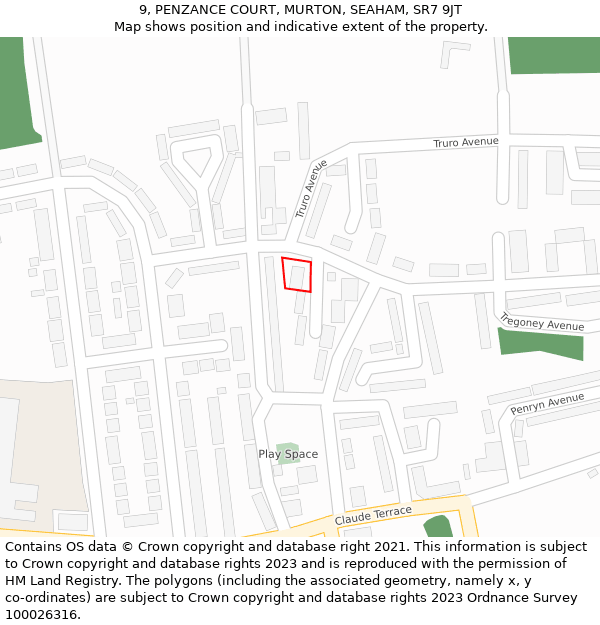 9, PENZANCE COURT, MURTON, SEAHAM, SR7 9JT: Location map and indicative extent of plot