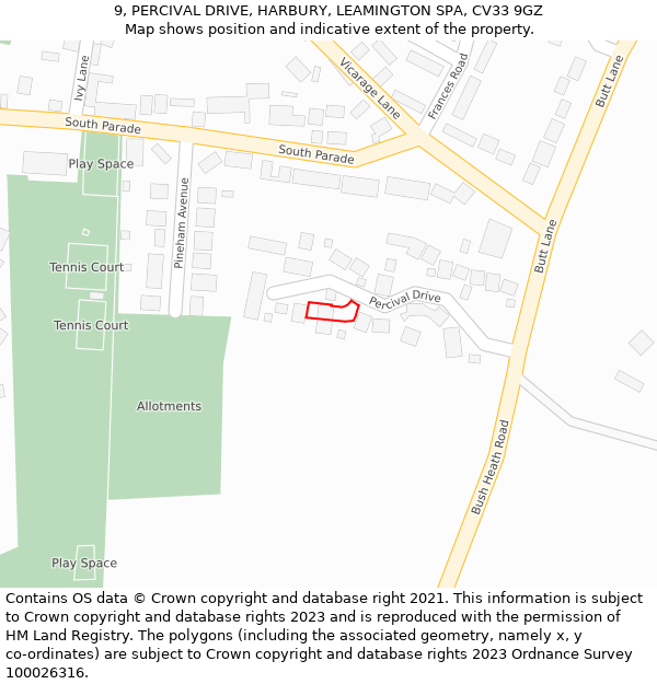 9, PERCIVAL DRIVE, HARBURY, LEAMINGTON SPA, CV33 9GZ: Location map and indicative extent of plot