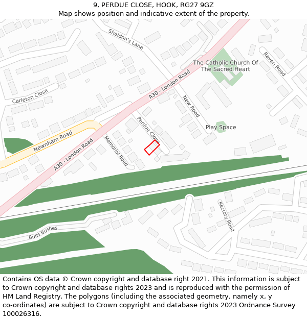 9, PERDUE CLOSE, HOOK, RG27 9GZ: Location map and indicative extent of plot