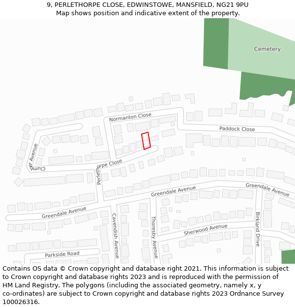 9, PERLETHORPE CLOSE, EDWINSTOWE, MANSFIELD, NG21 9PU: Location map and indicative extent of plot