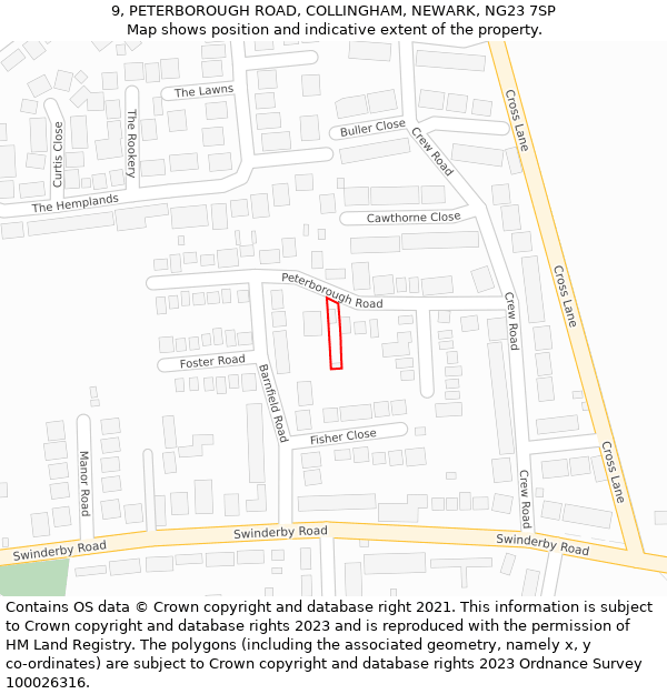 9, PETERBOROUGH ROAD, COLLINGHAM, NEWARK, NG23 7SP: Location map and indicative extent of plot