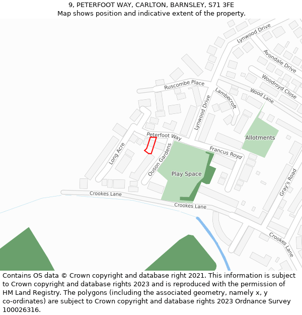 9, PETERFOOT WAY, CARLTON, BARNSLEY, S71 3FE: Location map and indicative extent of plot