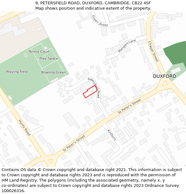 9, PETERSFIELD ROAD, DUXFORD, CAMBRIDGE, CB22 4SF: Location map and indicative extent of plot