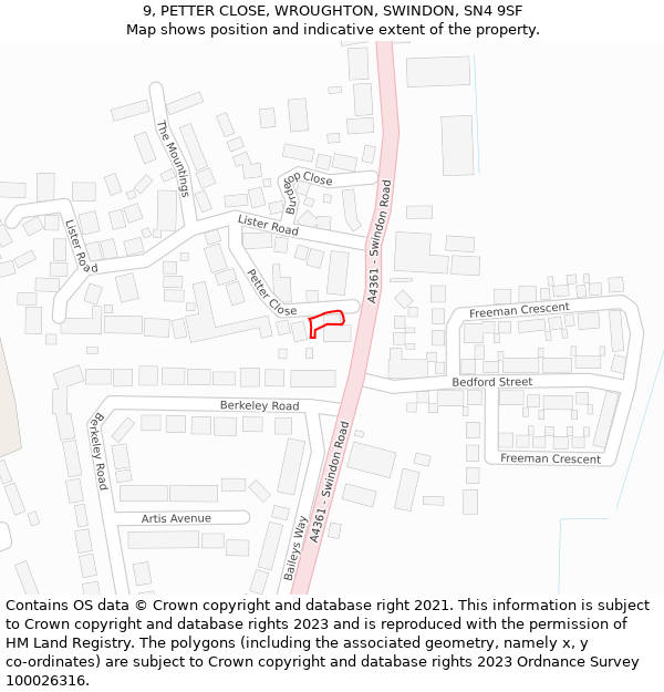 9, PETTER CLOSE, WROUGHTON, SWINDON, SN4 9SF: Location map and indicative extent of plot