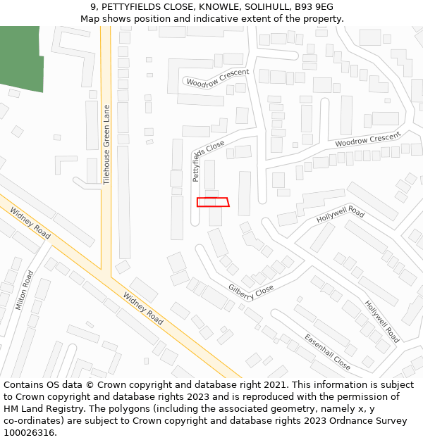 9, PETTYFIELDS CLOSE, KNOWLE, SOLIHULL, B93 9EG: Location map and indicative extent of plot