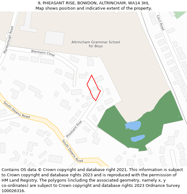 9, PHEASANT RISE, BOWDON, ALTRINCHAM, WA14 3HL: Location map and indicative extent of plot