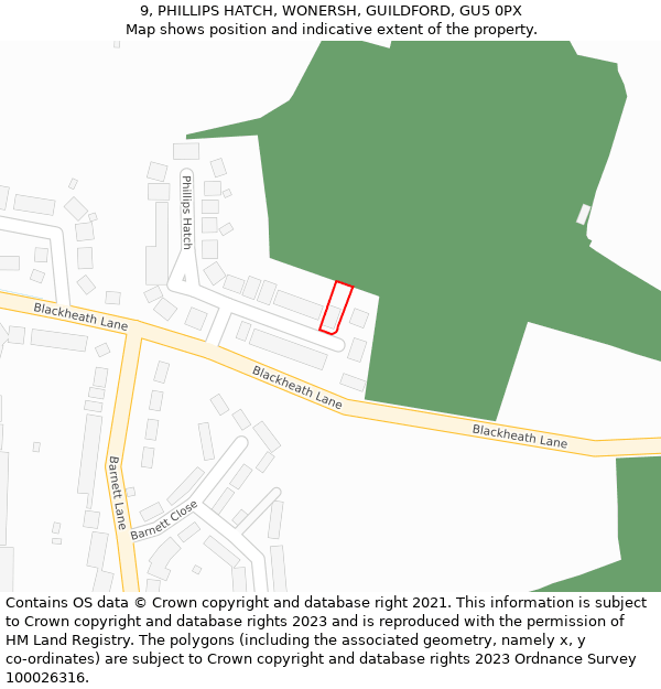 9, PHILLIPS HATCH, WONERSH, GUILDFORD, GU5 0PX: Location map and indicative extent of plot