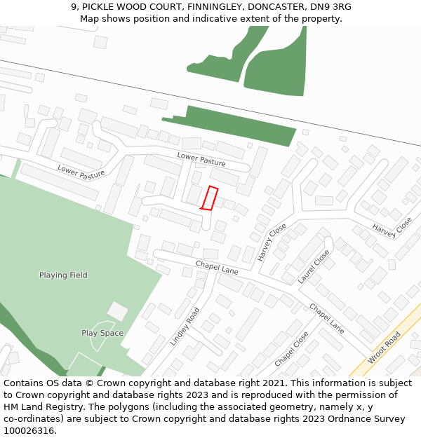 9, PICKLE WOOD COURT, FINNINGLEY, DONCASTER, DN9 3RG: Location map and indicative extent of plot