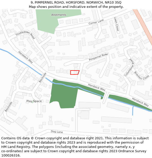 9, PIMPERNEL ROAD, HORSFORD, NORWICH, NR10 3SQ: Location map and indicative extent of plot