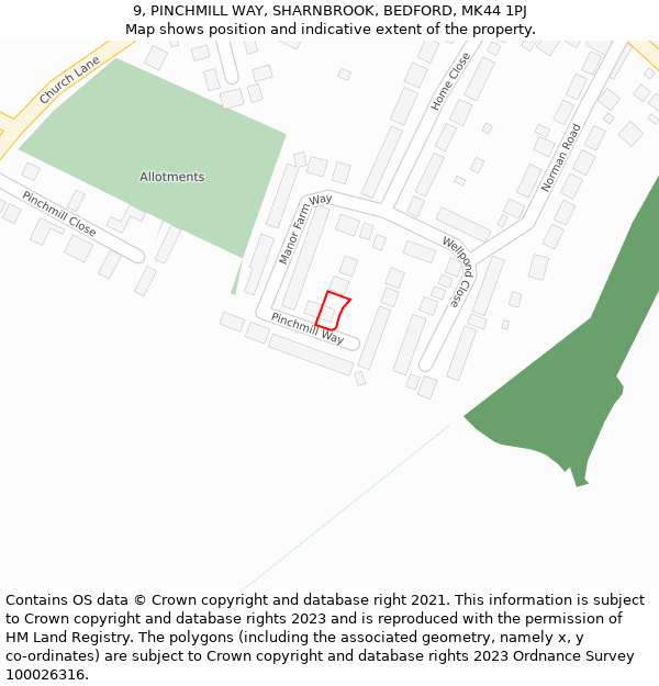9, PINCHMILL WAY, SHARNBROOK, BEDFORD, MK44 1PJ: Location map and indicative extent of plot