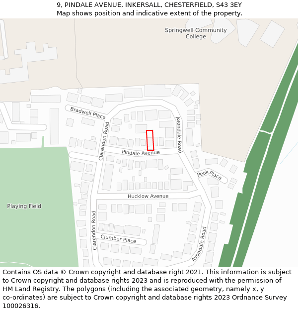 9, PINDALE AVENUE, INKERSALL, CHESTERFIELD, S43 3EY: Location map and indicative extent of plot