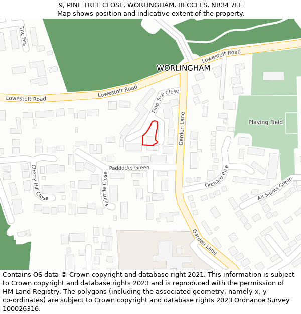 9, PINE TREE CLOSE, WORLINGHAM, BECCLES, NR34 7EE: Location map and indicative extent of plot