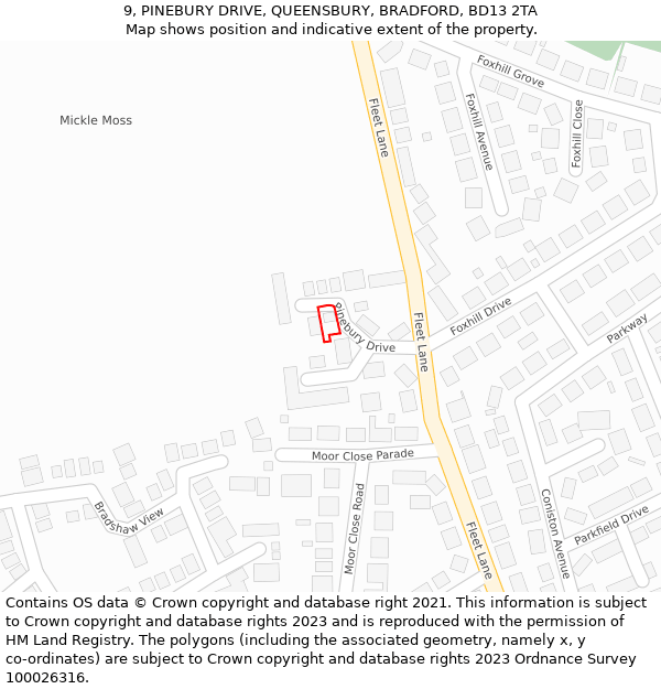 9, PINEBURY DRIVE, QUEENSBURY, BRADFORD, BD13 2TA: Location map and indicative extent of plot