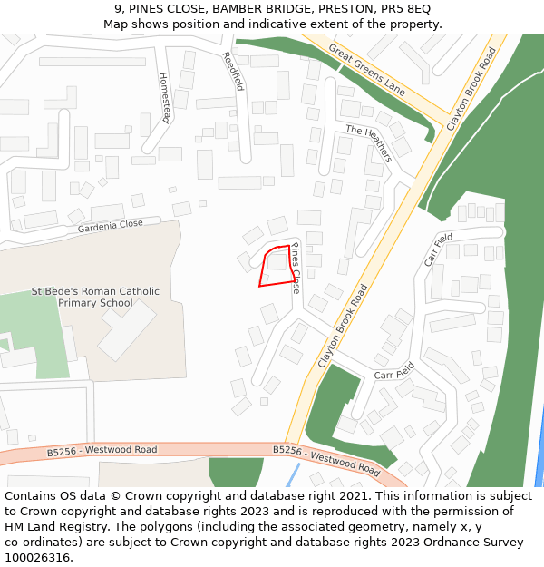 9, PINES CLOSE, BAMBER BRIDGE, PRESTON, PR5 8EQ: Location map and indicative extent of plot