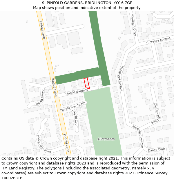 9, PINFOLD GARDENS, BRIDLINGTON, YO16 7GE: Location map and indicative extent of plot