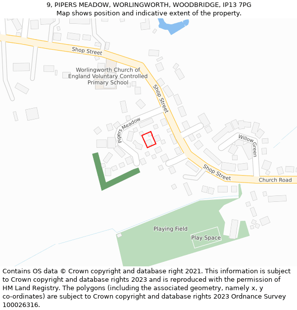 9, PIPERS MEADOW, WORLINGWORTH, WOODBRIDGE, IP13 7PG: Location map and indicative extent of plot