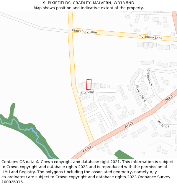 9, PIXIEFIELDS, CRADLEY, MALVERN, WR13 5ND: Location map and indicative extent of plot