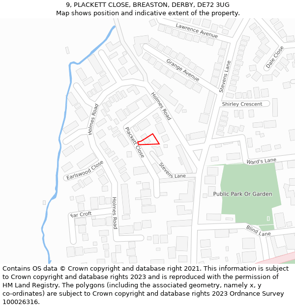 9, PLACKETT CLOSE, BREASTON, DERBY, DE72 3UG: Location map and indicative extent of plot