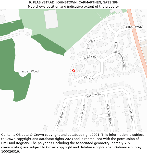 9, PLAS YSTRAD, JOHNSTOWN, CARMARTHEN, SA31 3PH: Location map and indicative extent of plot