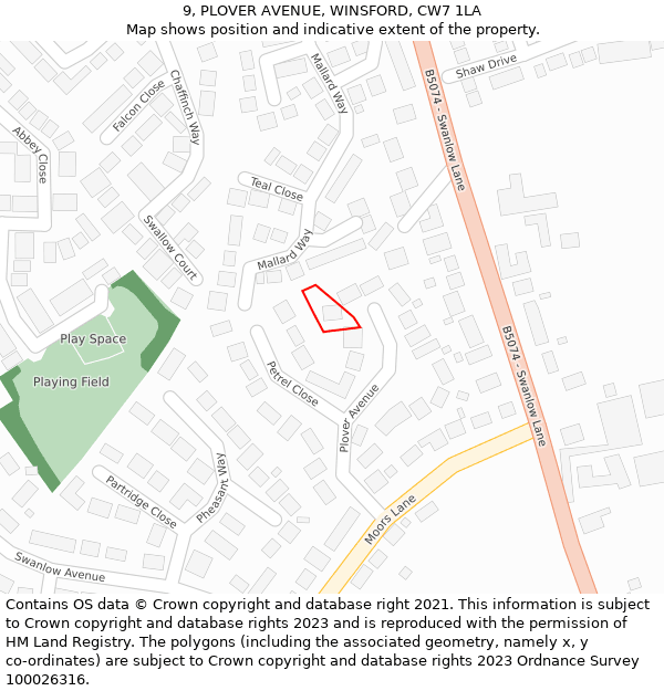 9, PLOVER AVENUE, WINSFORD, CW7 1LA: Location map and indicative extent of plot