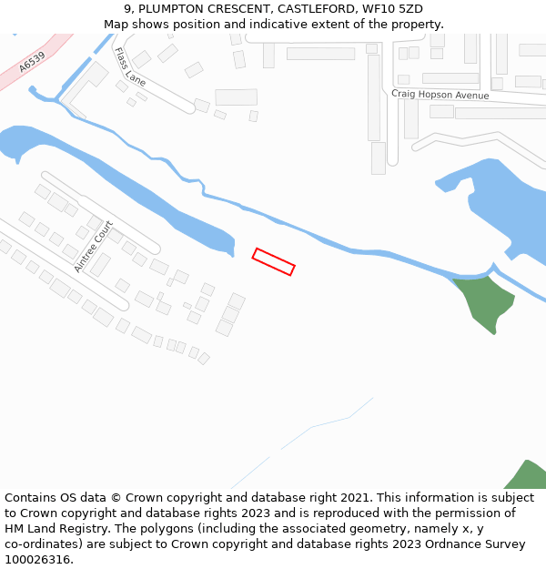 9, PLUMPTON CRESCENT, CASTLEFORD, WF10 5ZD: Location map and indicative extent of plot