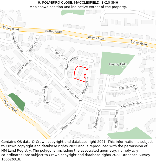9, POLPERRO CLOSE, MACCLESFIELD, SK10 3NH: Location map and indicative extent of plot