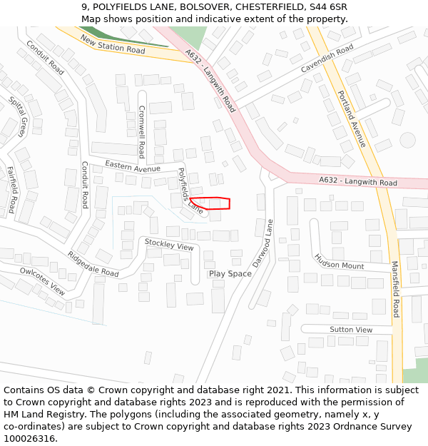 9, POLYFIELDS LANE, BOLSOVER, CHESTERFIELD, S44 6SR: Location map and indicative extent of plot