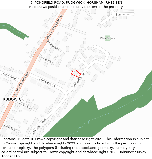9, PONDFIELD ROAD, RUDGWICK, HORSHAM, RH12 3EN: Location map and indicative extent of plot