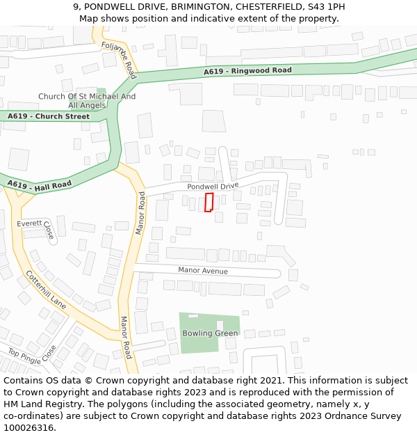 9, PONDWELL DRIVE, BRIMINGTON, CHESTERFIELD, S43 1PH: Location map and indicative extent of plot