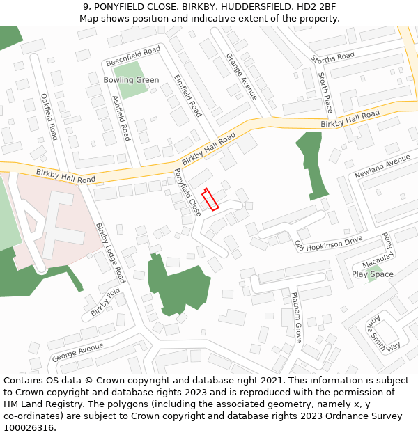 9, PONYFIELD CLOSE, BIRKBY, HUDDERSFIELD, HD2 2BF: Location map and indicative extent of plot