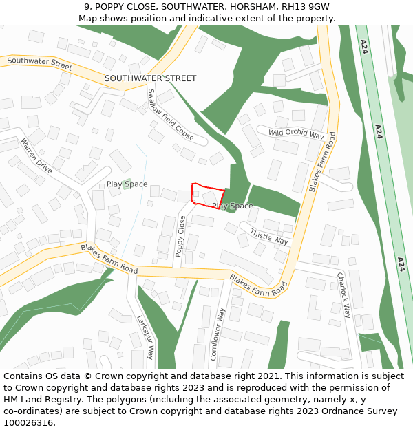 9, POPPY CLOSE, SOUTHWATER, HORSHAM, RH13 9GW: Location map and indicative extent of plot