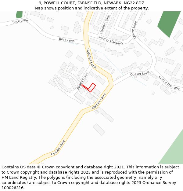 9, POWELL COURT, FARNSFIELD, NEWARK, NG22 8DZ: Location map and indicative extent of plot