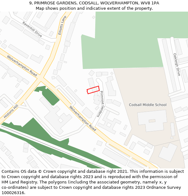 9, PRIMROSE GARDENS, CODSALL, WOLVERHAMPTON, WV8 1PA: Location map and indicative extent of plot