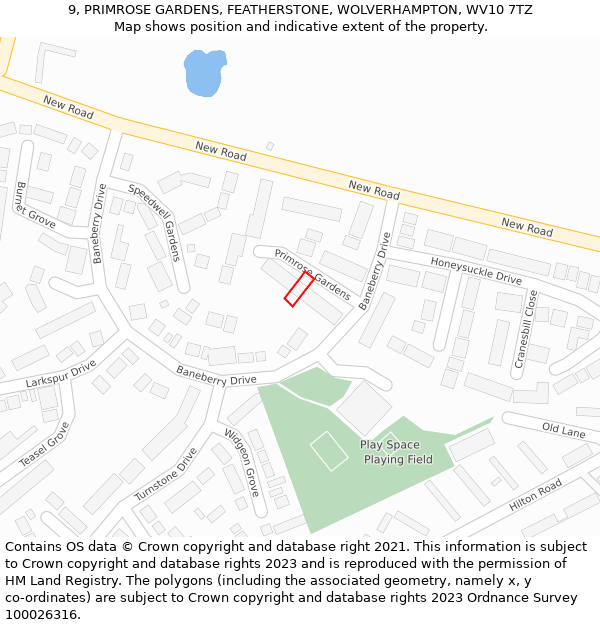 9, PRIMROSE GARDENS, FEATHERSTONE, WOLVERHAMPTON, WV10 7TZ: Location map and indicative extent of plot