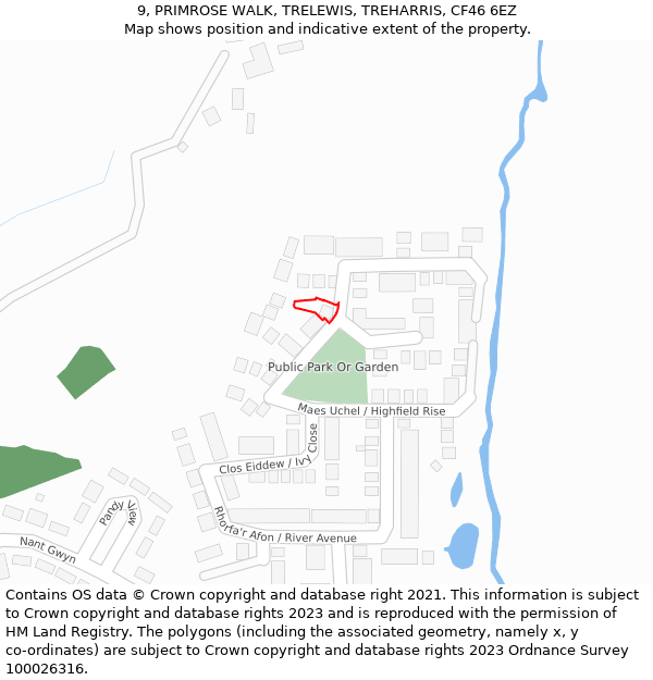 9, PRIMROSE WALK, TRELEWIS, TREHARRIS, CF46 6EZ: Location map and indicative extent of plot