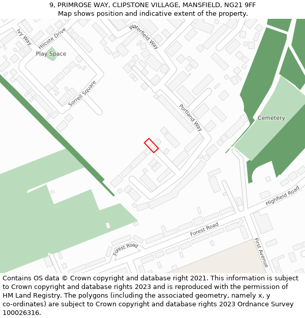 9, PRIMROSE WAY, CLIPSTONE VILLAGE, MANSFIELD, NG21 9FF: Location map and indicative extent of plot