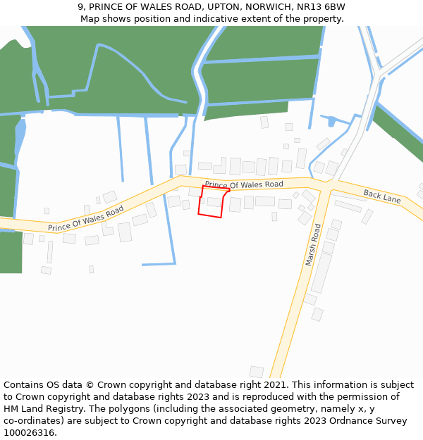 9, PRINCE OF WALES ROAD, UPTON, NORWICH, NR13 6BW: Location map and indicative extent of plot