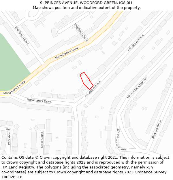 9, PRINCES AVENUE, WOODFORD GREEN, IG8 0LL: Location map and indicative extent of plot