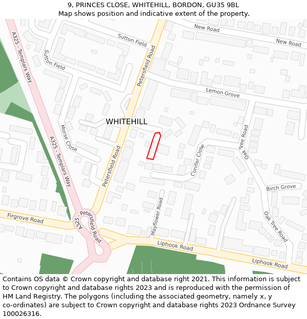 9, PRINCES CLOSE, WHITEHILL, BORDON, GU35 9BL: Location map and indicative extent of plot