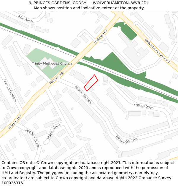 9, PRINCES GARDENS, CODSALL, WOLVERHAMPTON, WV8 2DH: Location map and indicative extent of plot