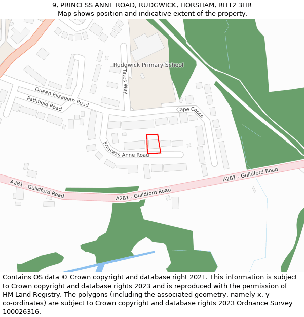 9, PRINCESS ANNE ROAD, RUDGWICK, HORSHAM, RH12 3HR: Location map and indicative extent of plot