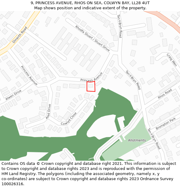 9, PRINCESS AVENUE, RHOS ON SEA, COLWYN BAY, LL28 4UT: Location map and indicative extent of plot