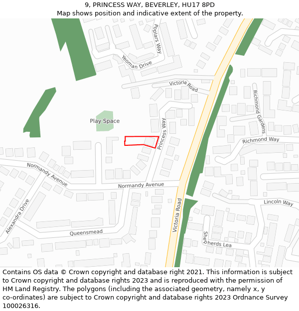 9, PRINCESS WAY, BEVERLEY, HU17 8PD: Location map and indicative extent of plot