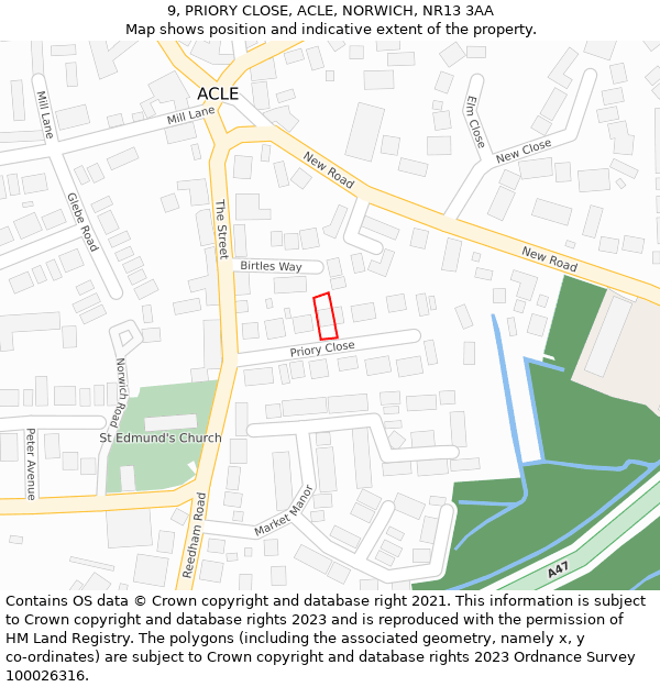 9, PRIORY CLOSE, ACLE, NORWICH, NR13 3AA: Location map and indicative extent of plot