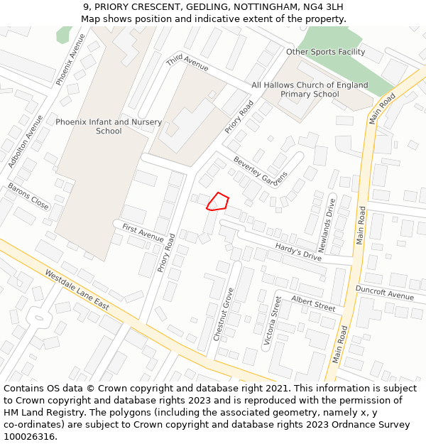 9, PRIORY CRESCENT, GEDLING, NOTTINGHAM, NG4 3LH: Location map and indicative extent of plot