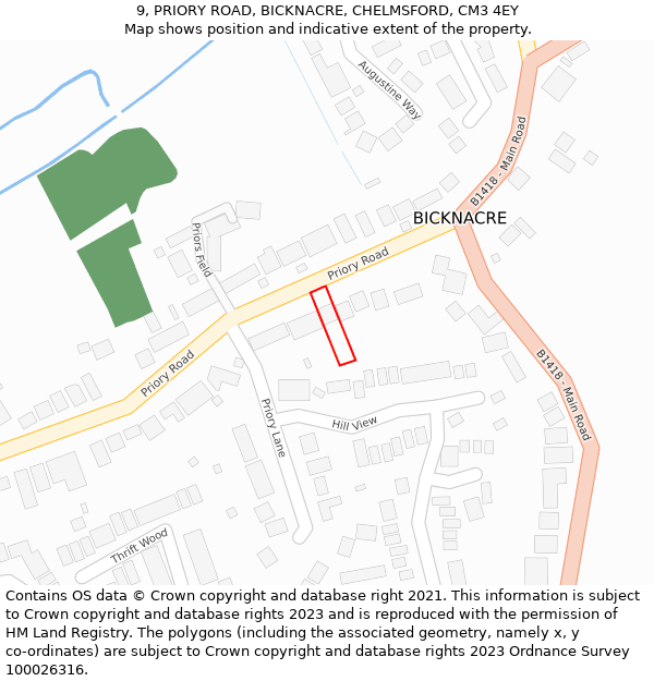 9, PRIORY ROAD, BICKNACRE, CHELMSFORD, CM3 4EY: Location map and indicative extent of plot