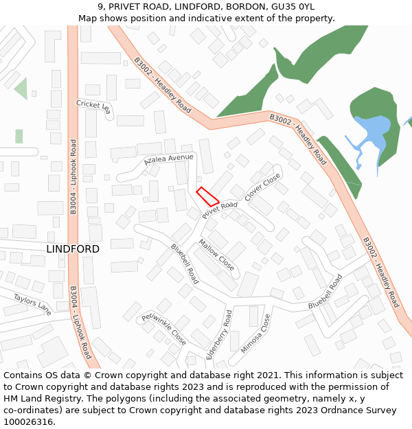 9, PRIVET ROAD, LINDFORD, BORDON, GU35 0YL: Location map and indicative extent of plot